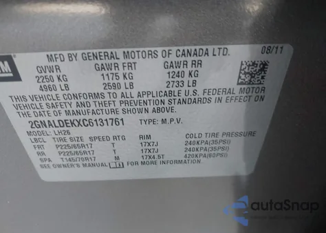 2012 Chevrolet Equinox 1Lt z USA, uszkodzony, nr VIN 2GNALDEKXC6131761